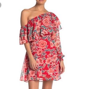 SHOW ME YOUR MUMU Watson Mini off the shoulder floral red asymmetrical dress